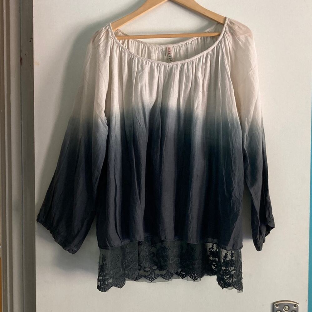 RAGA Womens Size M Oversized Ombre Cream to Gray Cotton Blend Top Lace Hem
